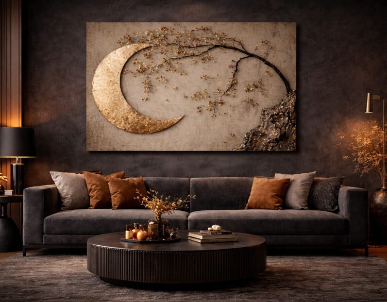 Enchanted Moonrise Wall Art – Crescent Moon and Blossoming Branch Canvas - Sense for Decor