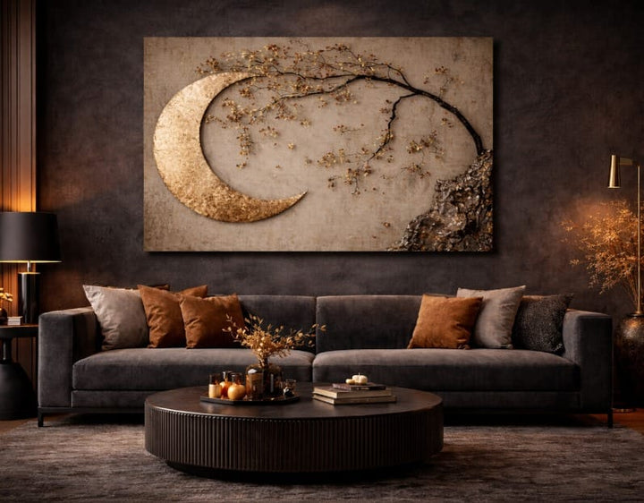 Enchanted Moonrise Wall Art – Crescent Moon and Blossoming Branch Canvas - Sense for Decor