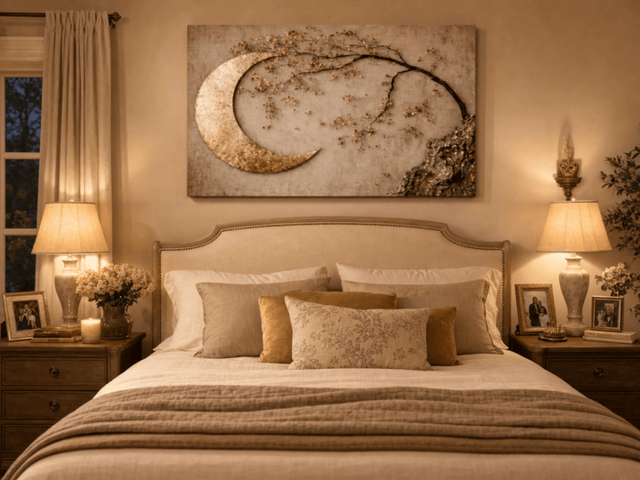 Enchanted Moonrise Wall Art – Crescent Moon and Blossoming Branch Canvas - Sense for Decor