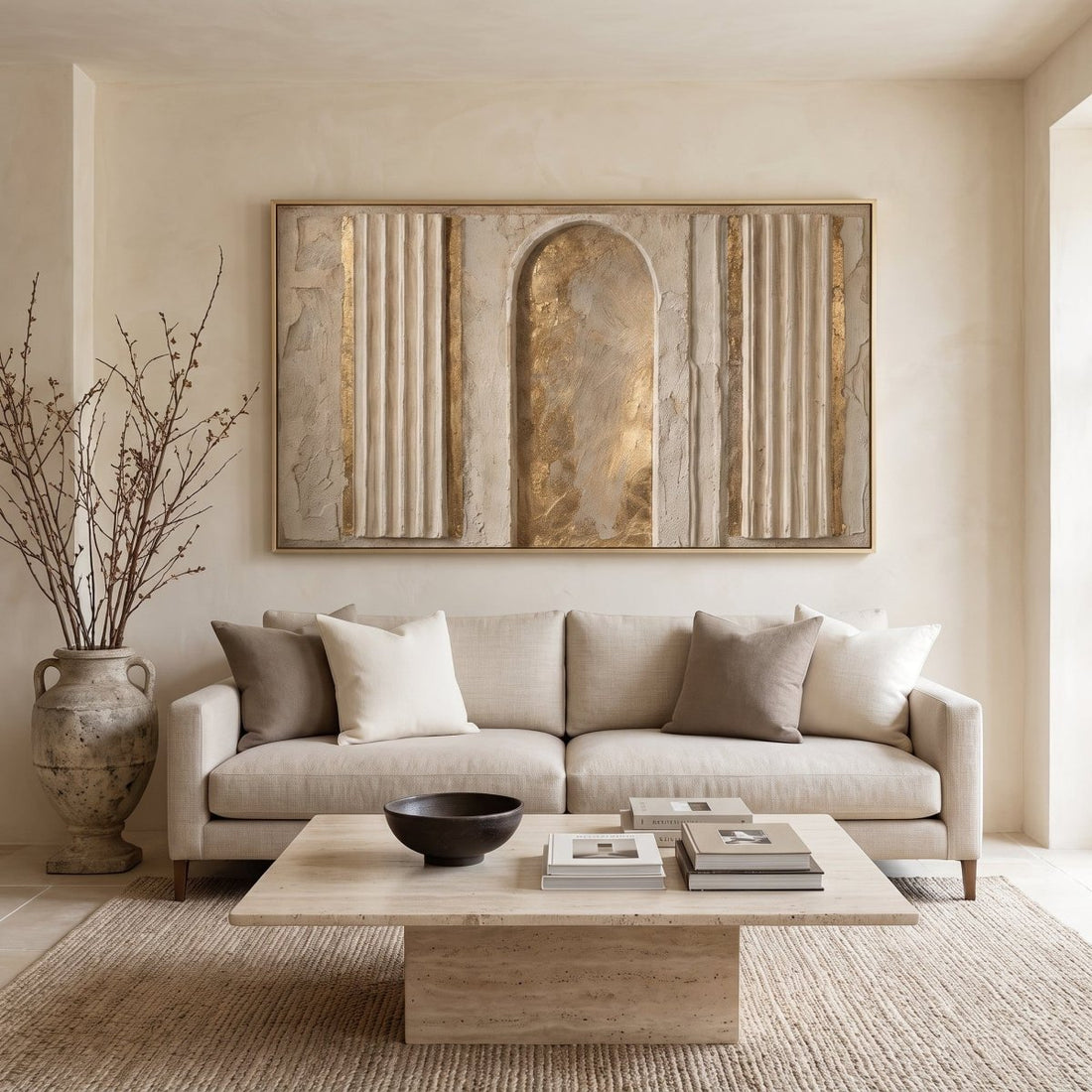 Entryway Wall Art – Oversized Panoramic Column and Arch Relief Canvas in Cream and Gold - Sense for Decor