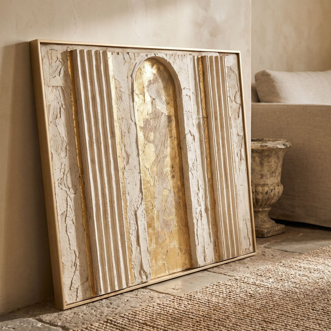 Entryway Wall Art – Oversized Panoramic Column and Arch Relief Canvas in Cream and Gold - Sense for Decor