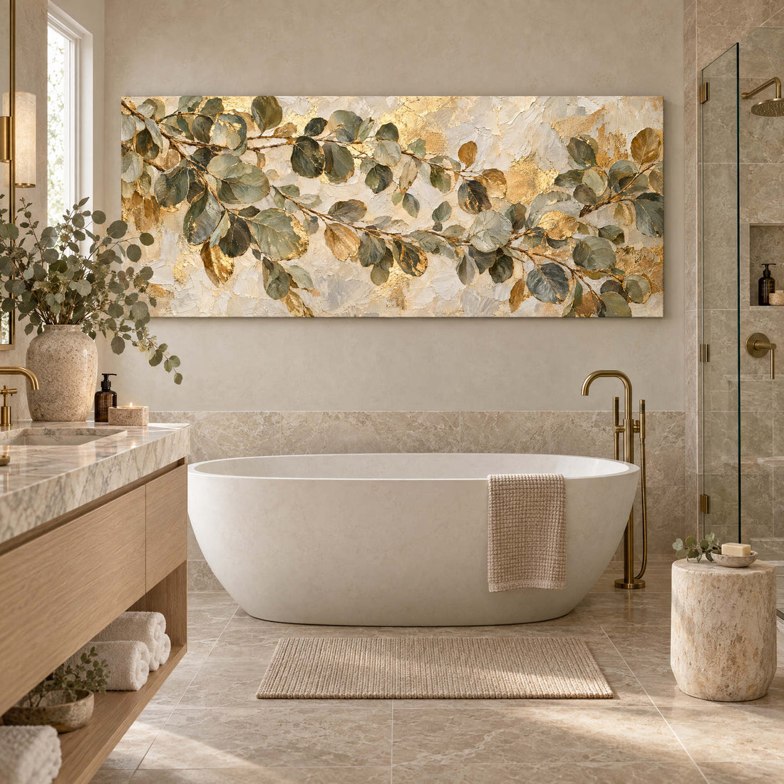 Eucalyptus canvas above a freestanding bath in a stone spa bathroom