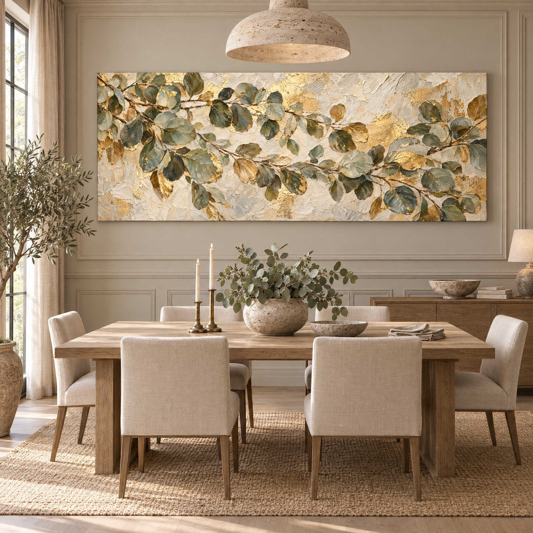 Sage and gold eucalyptus canvas above an oak dining table