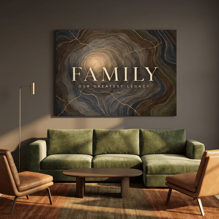 Family Our Greatest Legacy Wall Art – Modern Abstract Tree Ring Canvas in Gold, Navy & Charcoal - Sense for Decor