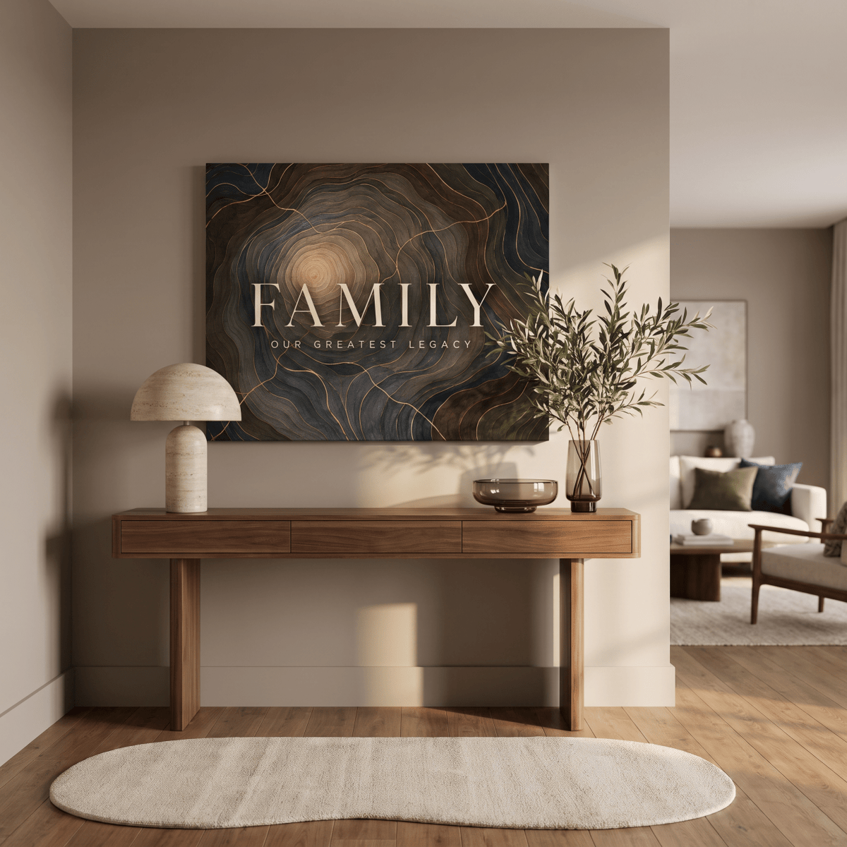 Family Our Greatest Legacy Wall Art – Modern Abstract Tree Ring Canvas in Gold, Navy & Charcoal - Sense for Decor