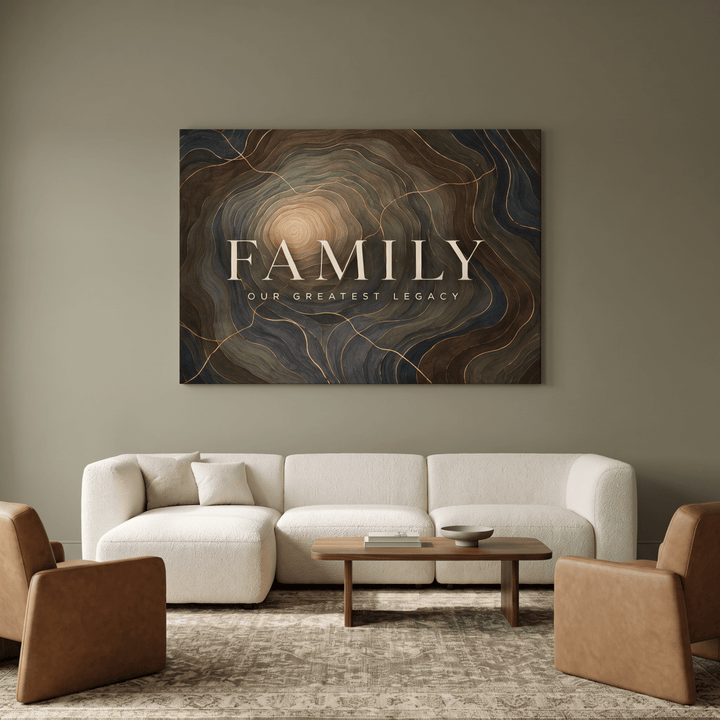 Family Our Greatest Legacy Wall Art – Modern Abstract Tree Ring Canvas in Gold, Navy & Charcoal - Sense for Decor