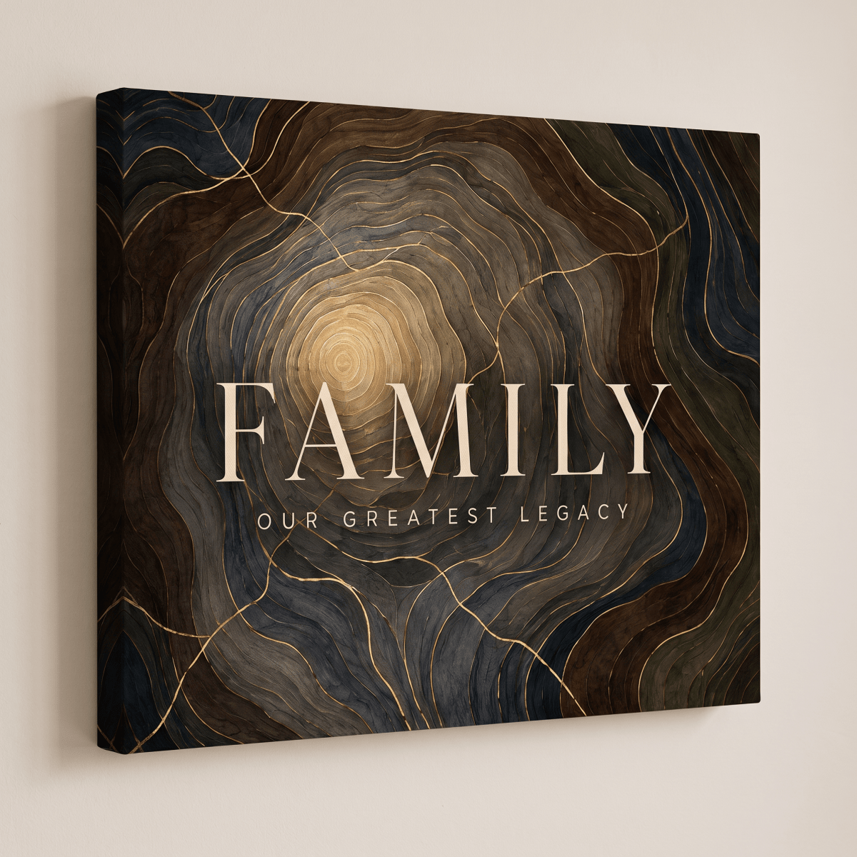 Family Our Greatest Legacy Wall Art – Modern Abstract Tree Ring Canvas in Gold, Navy & Charcoal - Sense for Decor