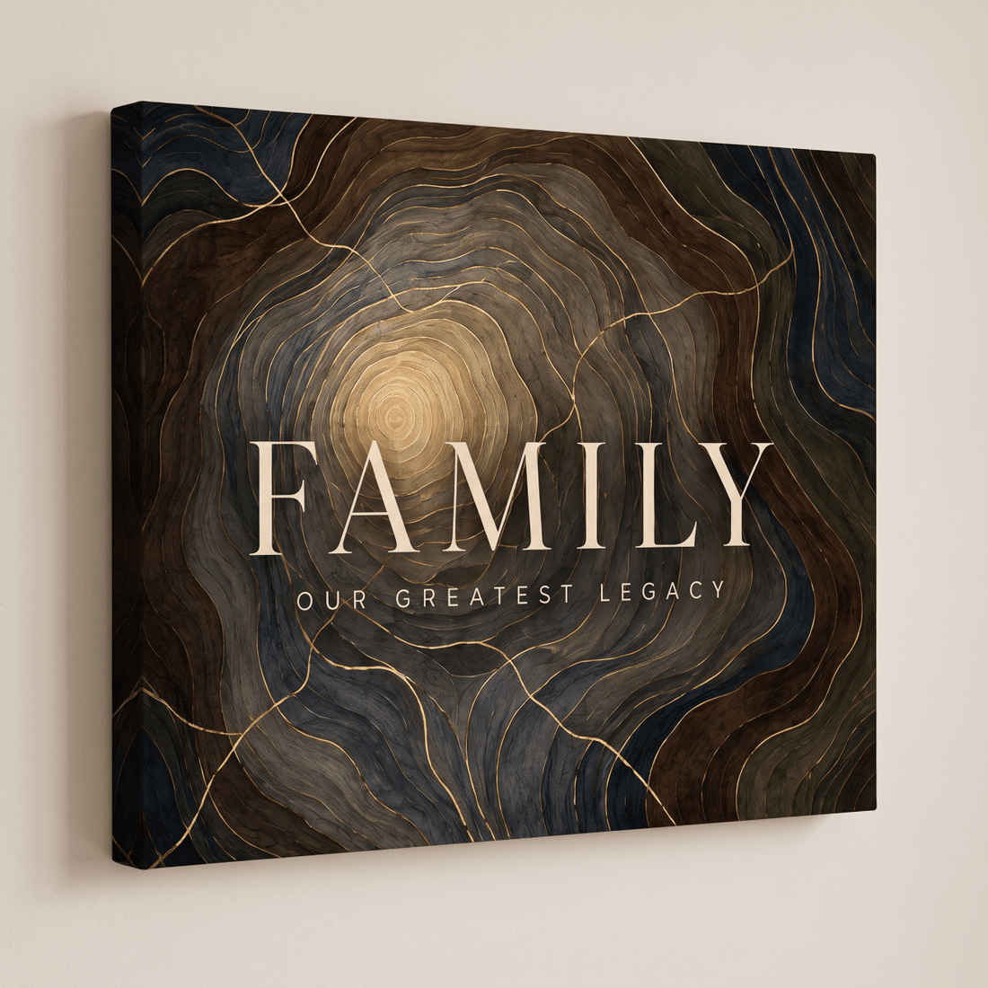 Family Our Greatest Legacy Wall Art – Modern Abstract Tree Ring Canvas in Gold, Navy & Charcoal - Sense for Decor