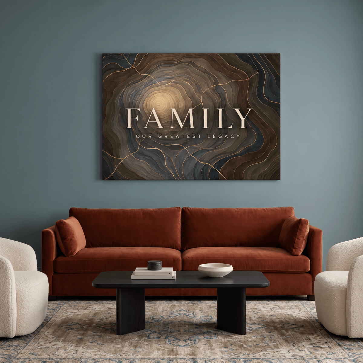 Family Our Greatest Legacy Wall Art – Modern Abstract Tree Ring Canvas in Gold, Navy & Charcoal - Sense for Decor