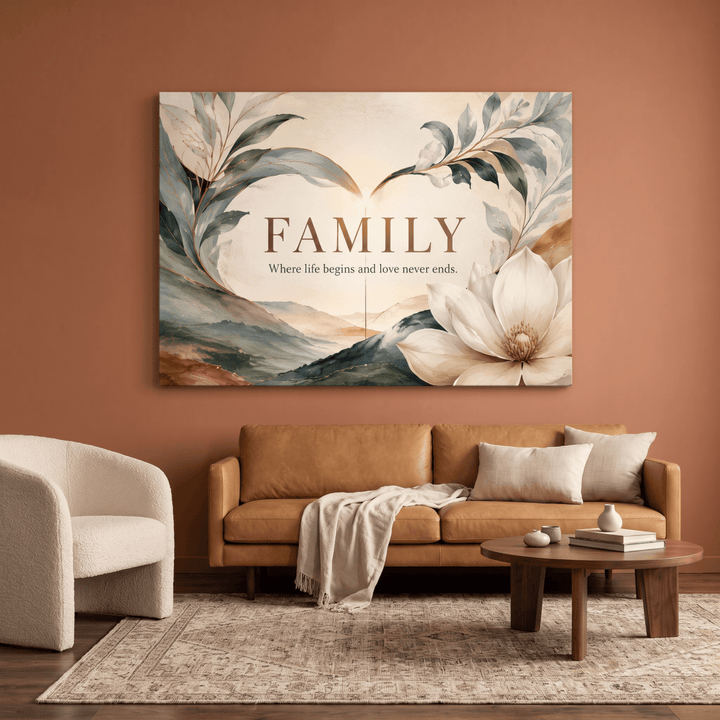 Family Wall Art – Where Life Begins and Love Never Ends | Watercolour Magnolia & Sunrise Canvas in Sage, Blue & Cream - Sense for Decor