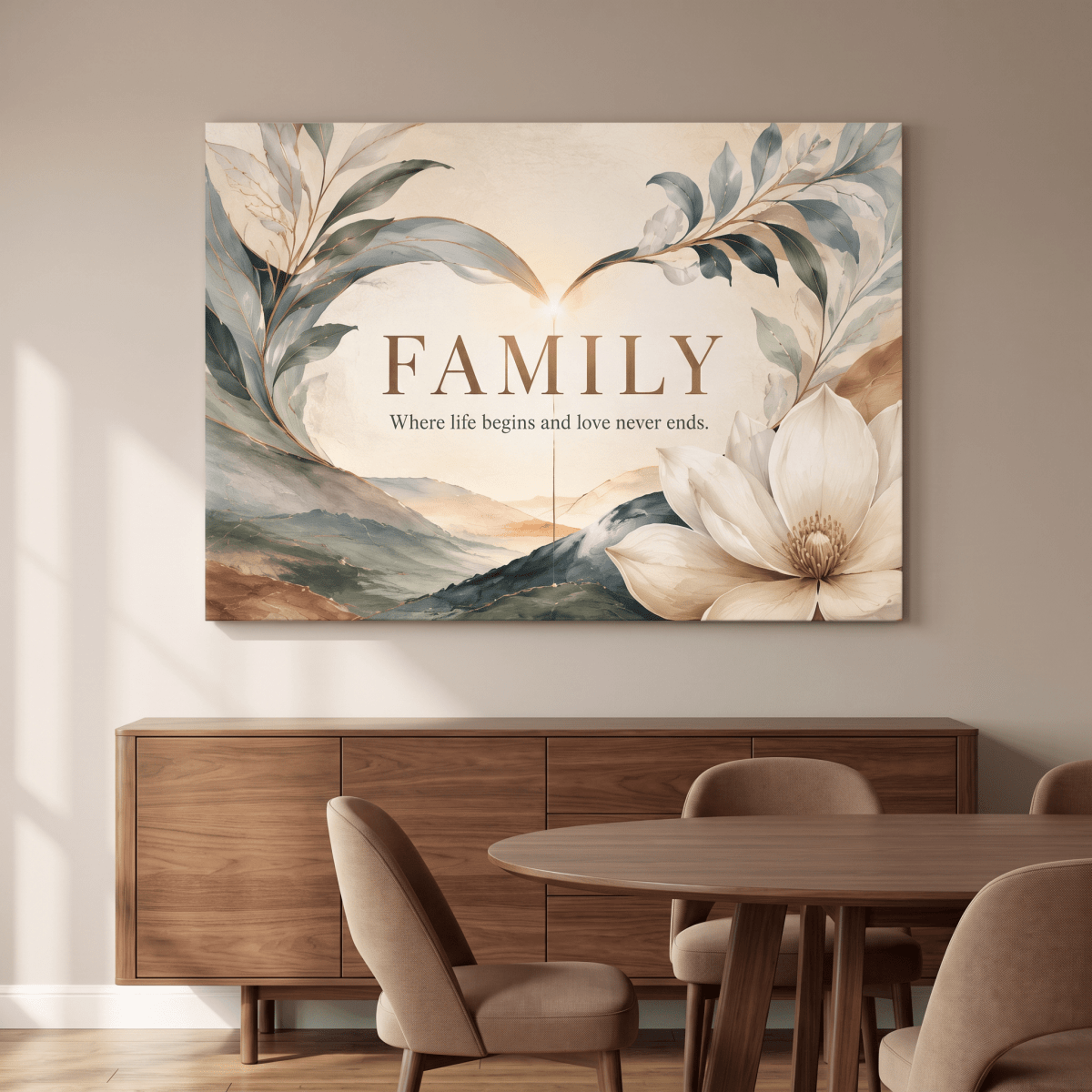 Family Wall Art – Where Life Begins and Love Never Ends | Watercolour Magnolia & Sunrise Canvas in Sage, Blue & Cream - Sense for Decor