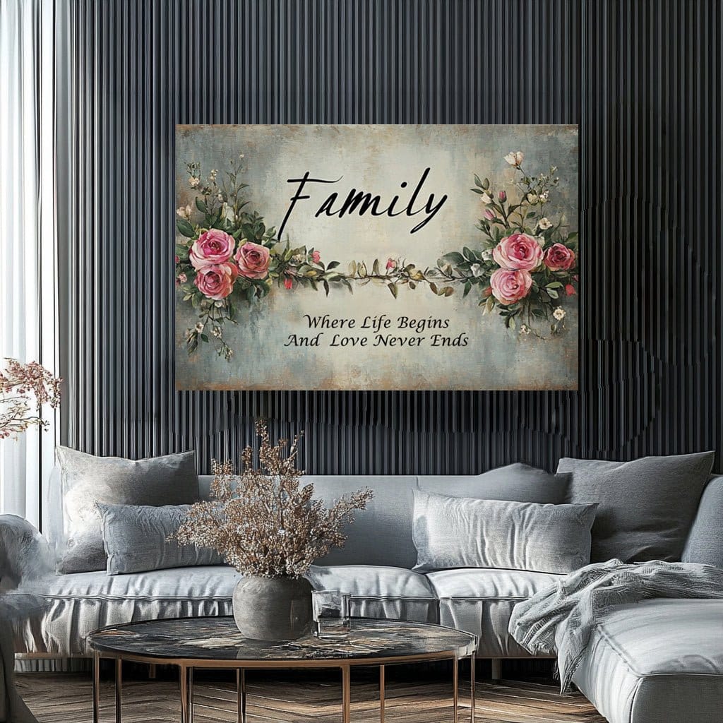 Family Where Life Begins & Love Never Ends V17 - Romantic Floral Wall Art Canvas - Sense for Decor