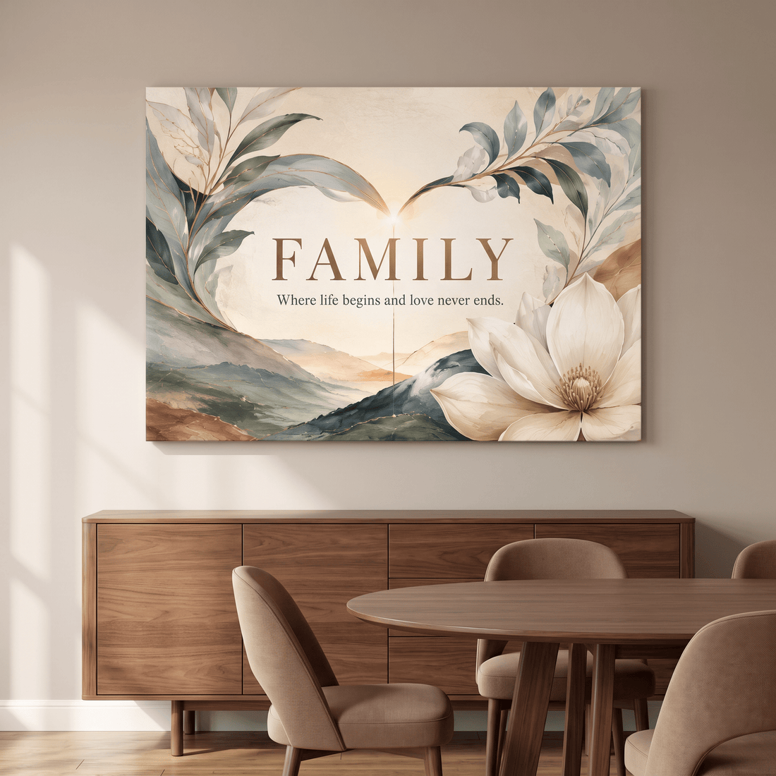 Family watercolour magnolia canvas wall art above a walnut sideboard in a neutral dining room