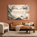 Family Wall Art – Where Life Begins and Love Never Ends | Watercolour Magnolia & Sunrise Canvas in Sage, Blue & Cream