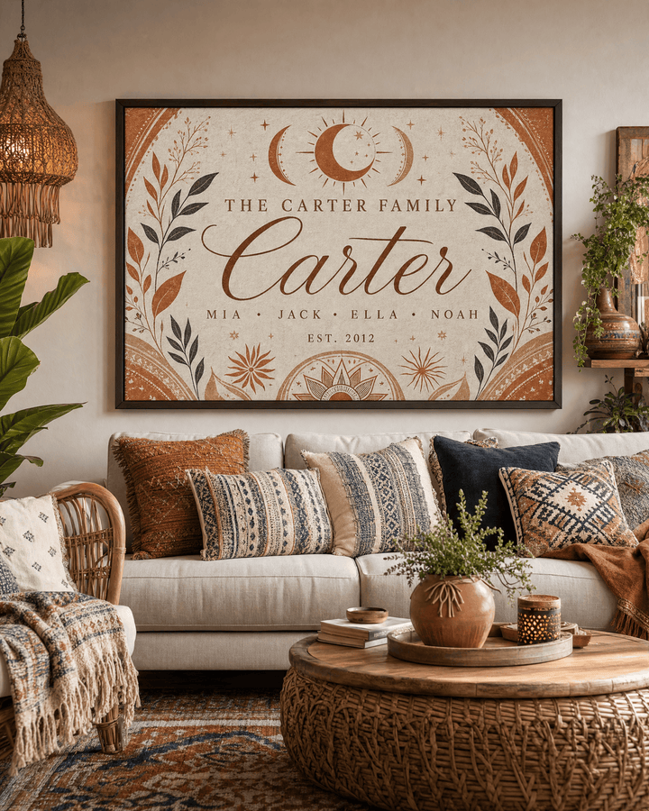 Personalized boho family name canvas with celestial sun and moon, mandala arcs and botanical branches, hung above a sofa