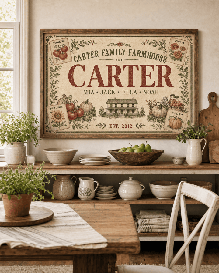 Personalized farmhouse family name canvas with vintage seed packets, farmhouse illustration and harvest border, hung above a sideboard
