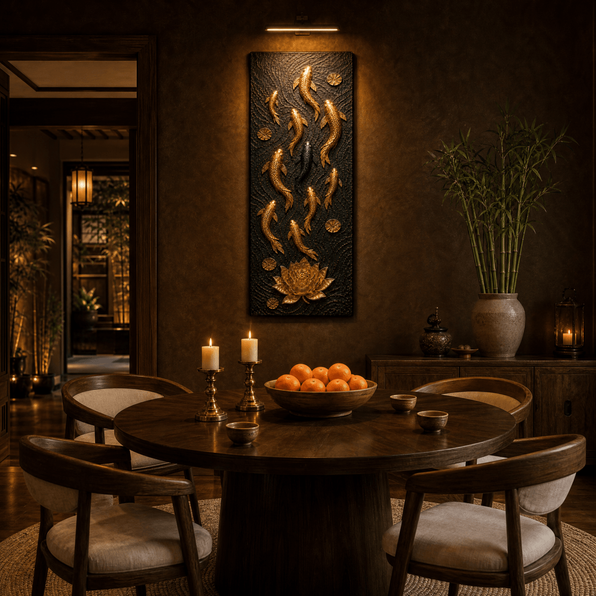 Feng Shui Koi Fish Wall Art – Nine Koi Textured Gold and Black Canvas for Entryway or Office - Sense for Decor