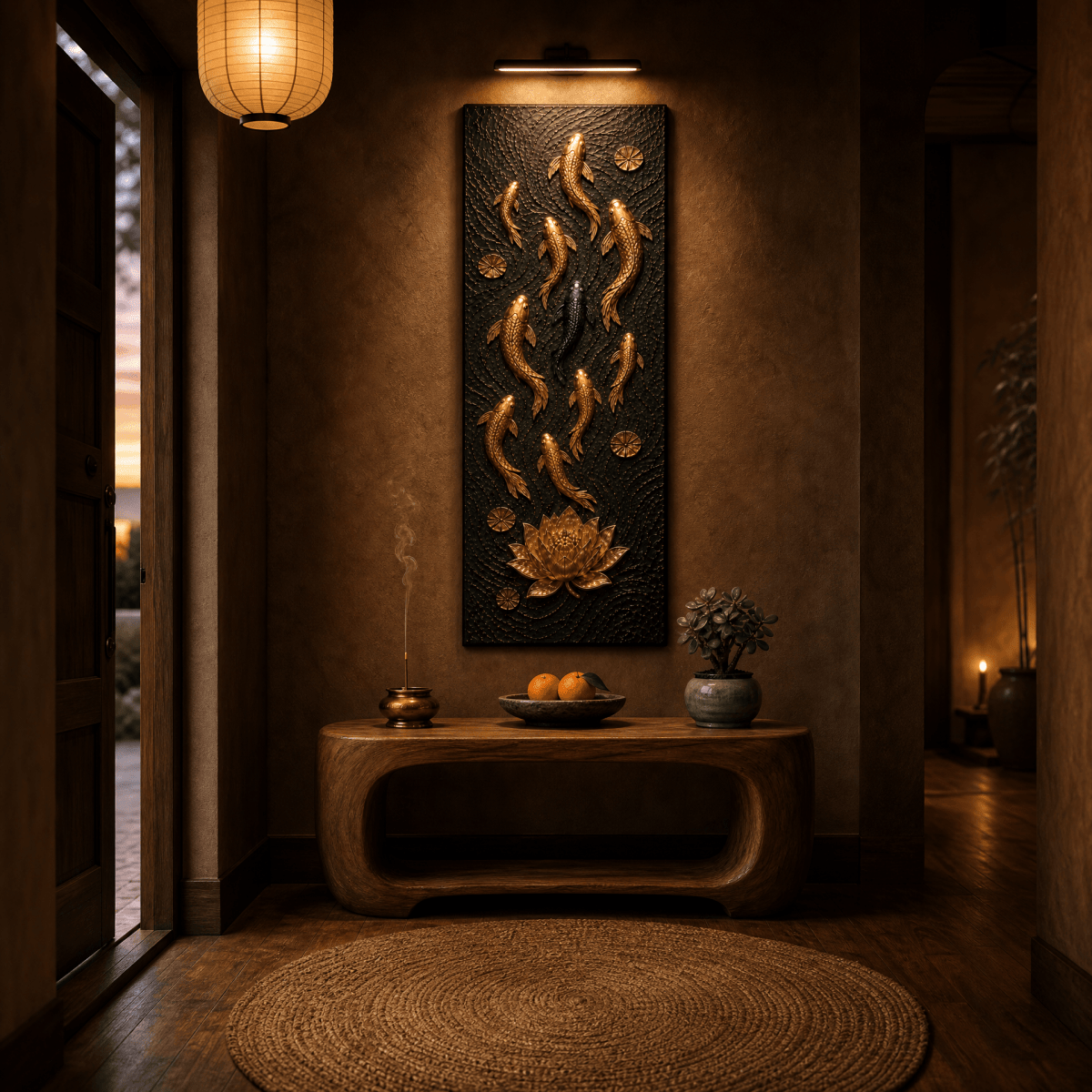 Feng Shui Koi Fish Wall Art – Nine Koi Textured Gold and Black Canvas for Entryway or Office - Sense for Decor