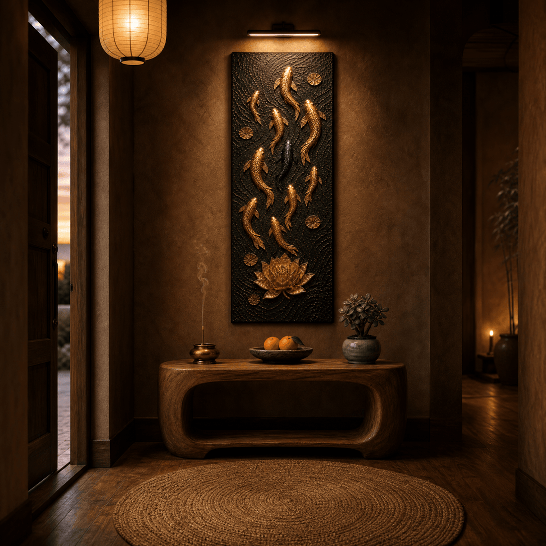 Feng Shui Koi Fish Wall Art – Nine Koi Textured Gold and Black Canvas for Entryway or Office - Sense for Decor