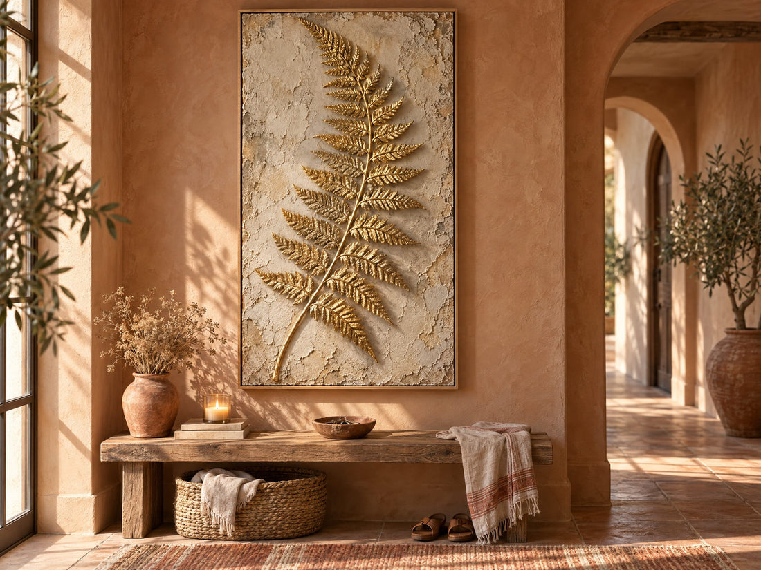 Gold fern canvas on a terracotta wall above a rustic hallway bench
