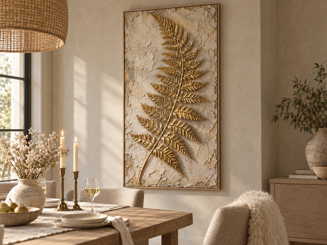 Tall fern canvas in a cream dining room