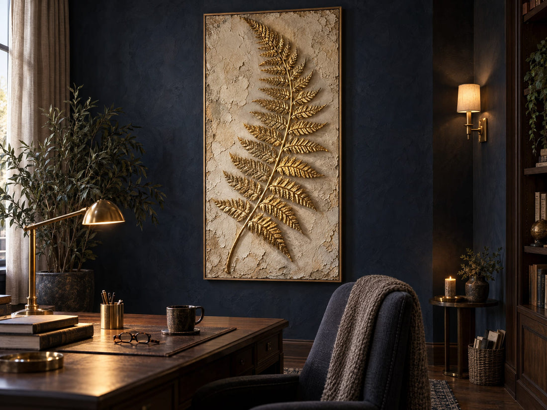 Gold fern canvas on a navy wall above a wooden desk in a study