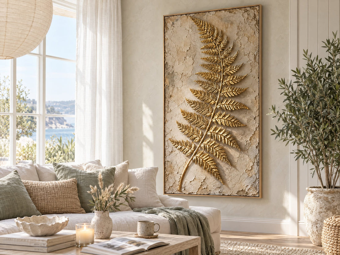 Tall gold fern canvas above a sofa in a bright coastal living room