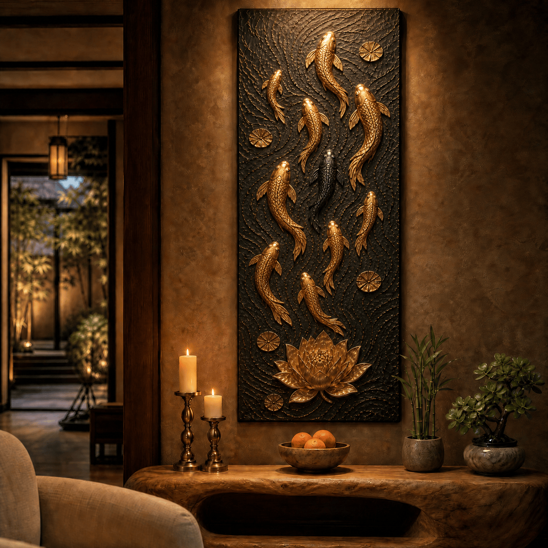 Feng shui koi fish canvas in gold relief on black, lit above a live-edge console in a warm entryway