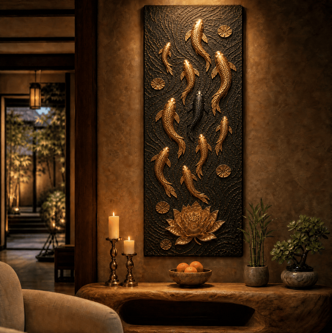 Feng shui koi fish canvas in gold relief on black, lit above a live-edge console in a warm entryway