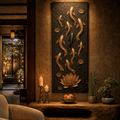 Feng Shui Koi Fish Wall Art – Nine Koi Textured Gold and Black Canvas for Entryway or Office