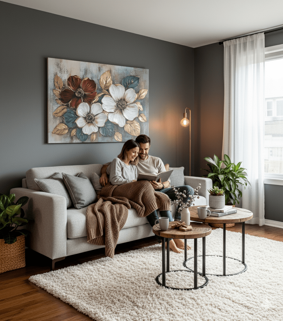 Floral Bloom Wall Art – Elegant Red and White Flower Canvas with Gold Leaves - Sense for Decor