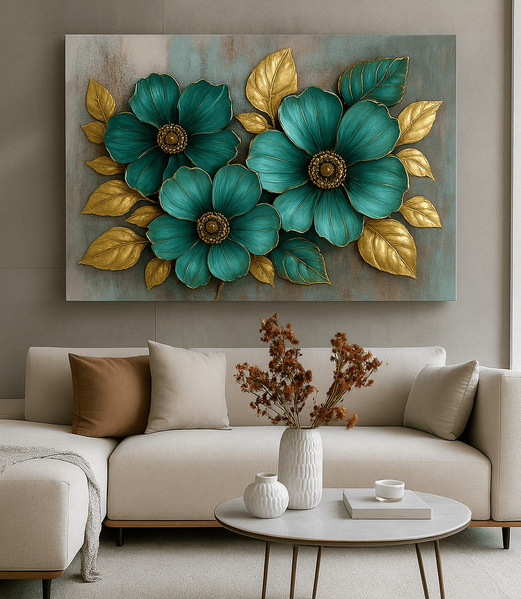 Floral Bloom Wall Art – Elegant Red and White Flower Canvas with Gold Leaves - Sense for Decor