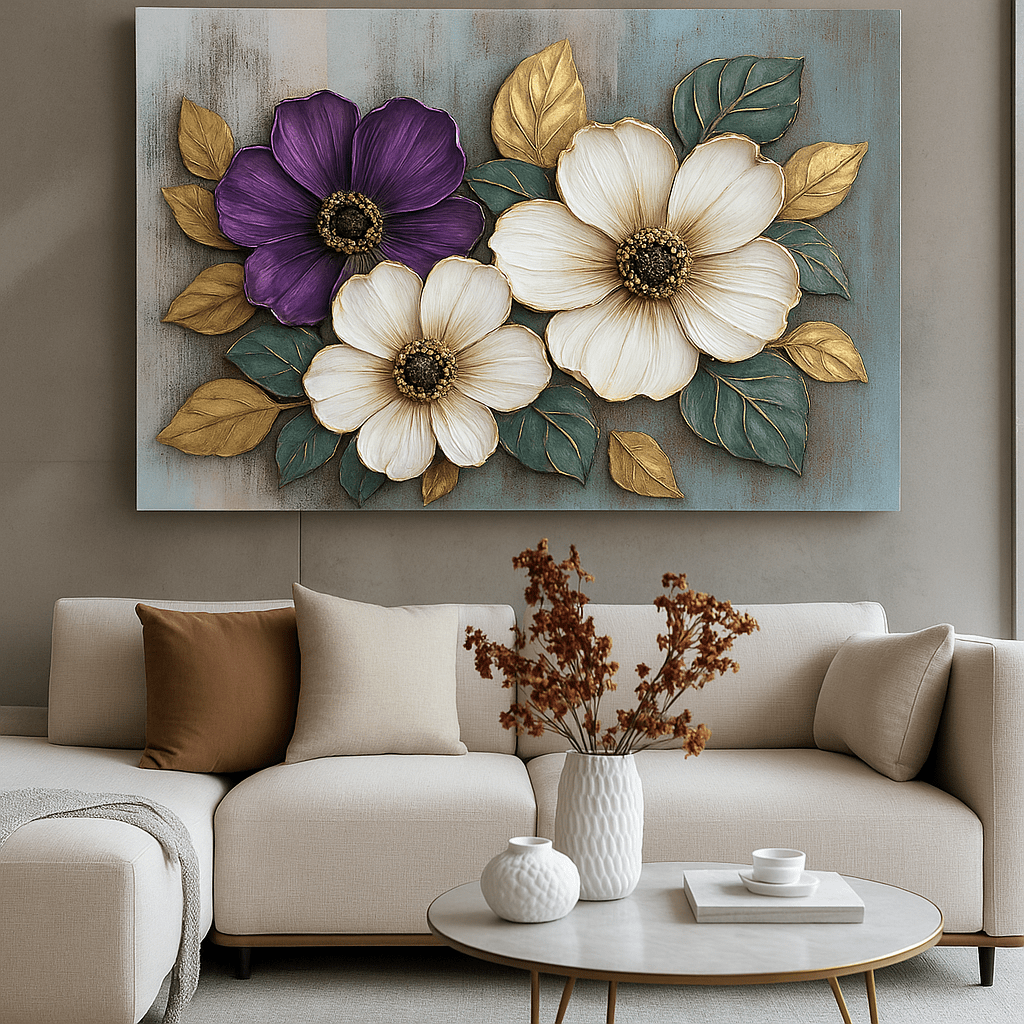 Floral Bloom Wall Art – Elegant Red and White Flower Canvas with Gold Leaves - Sense for Decor