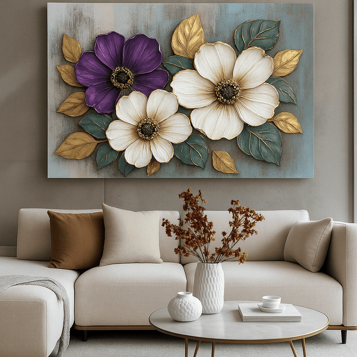 Floral Bloom Wall Art – Elegant Red and White Flower Canvas with Gold Leaves - Sense for Decor