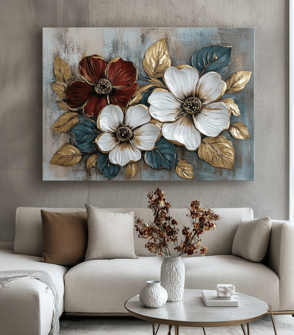 Floral Bloom Wall Art – Elegant Red and White Flower Canvas with Gold Leaves - Sense for Decor