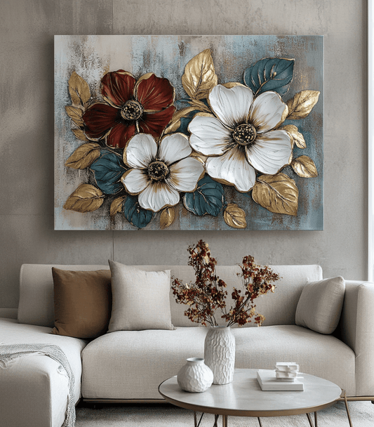 Floral Bloom Wall Art – Elegant Red and White Flower Canvas with Gold Leaves - Sense for Decor