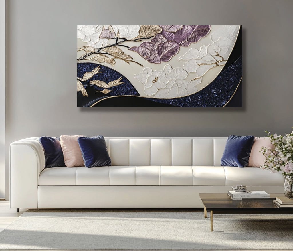 Floral Elegance Canvas Wall Art – Gold & Indigo Blossoms - Sense for Decor