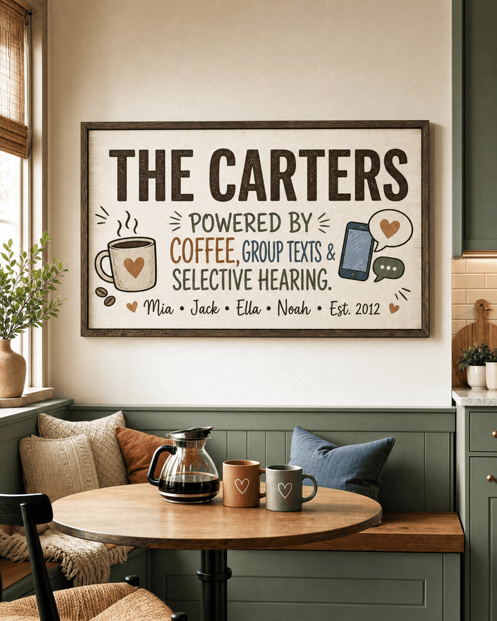 Personalized family name canvas reading powered by coffee, group texts and selective hearing, with mug and phone illustrations, hung in a kitchen nook