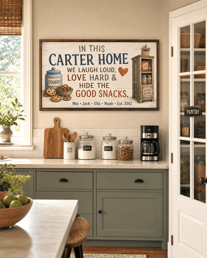 Personalized family home canvas reading we laugh loud, love hard and hide the good snacks, with cookie jar and pantry cupboard, hung in a kitchen