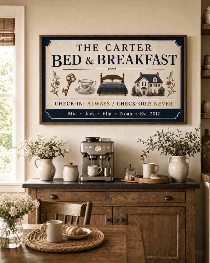 Personalized family bed and breakfast sign canvas in navy and cream with key, teacup, bed and house illustrations, hung above a coffee bar