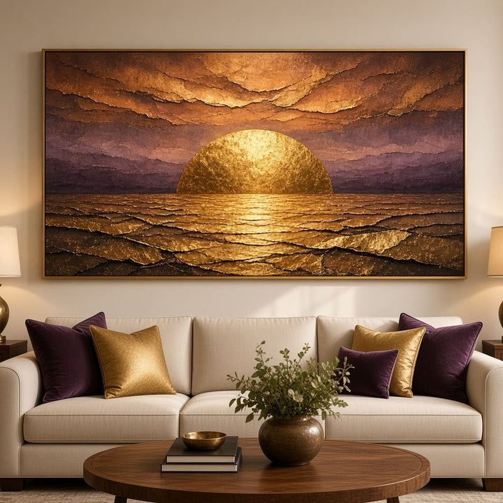 Gilded Dawn Wall Art – Oversized Panoramic Plum and Gold Sunrise Textured Look Canvas for Living Room - Sense for Decor