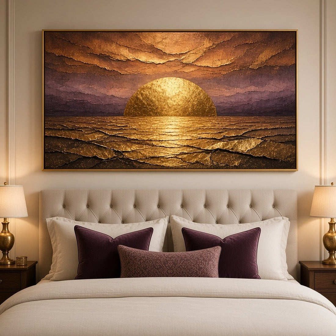 Gilded Dawn Wall Art – Oversized Panoramic Plum and Gold Sunrise Textured Look Canvas for Living Room - Sense for Decor