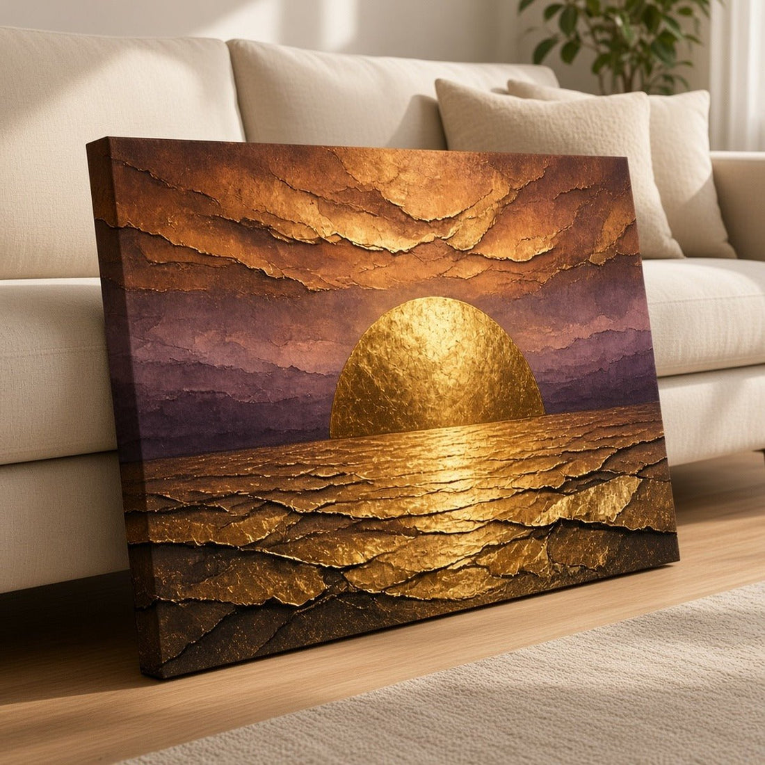 Gilded Dawn Wall Art – Oversized Panoramic Plum and Gold Sunrise Textured Look Canvas for Living Room - Sense for Decor