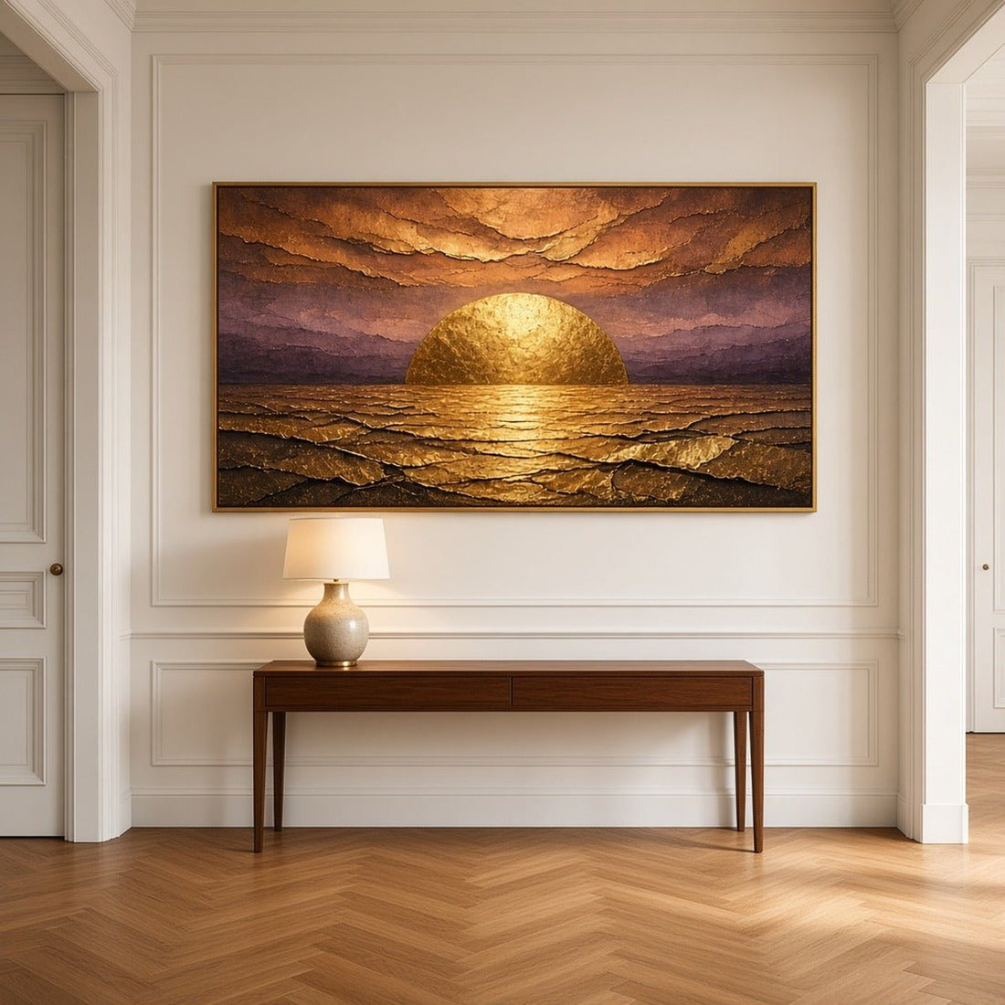 Gilded Dawn Wall Art – Oversized Panoramic Plum and Gold Sunrise Textured Look Canvas for Living Room - Sense for Decor