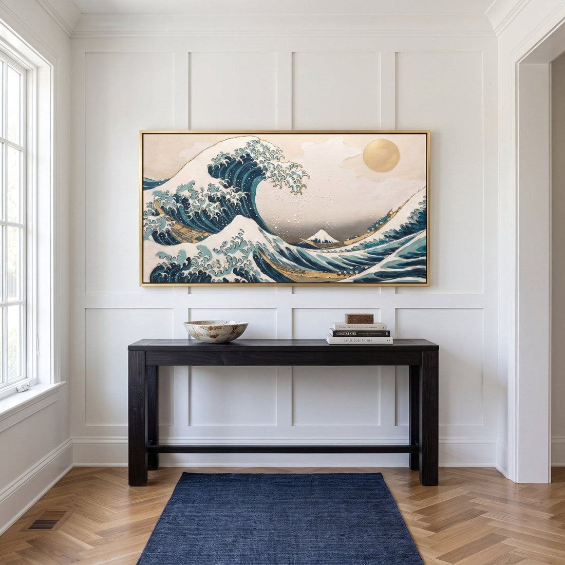 Gilded Great Wave Wall Art – Oversized Teal, Cream and Gold Panoramic Japanese Wave Textured Look Canvas for Living Room - Sense for Decor