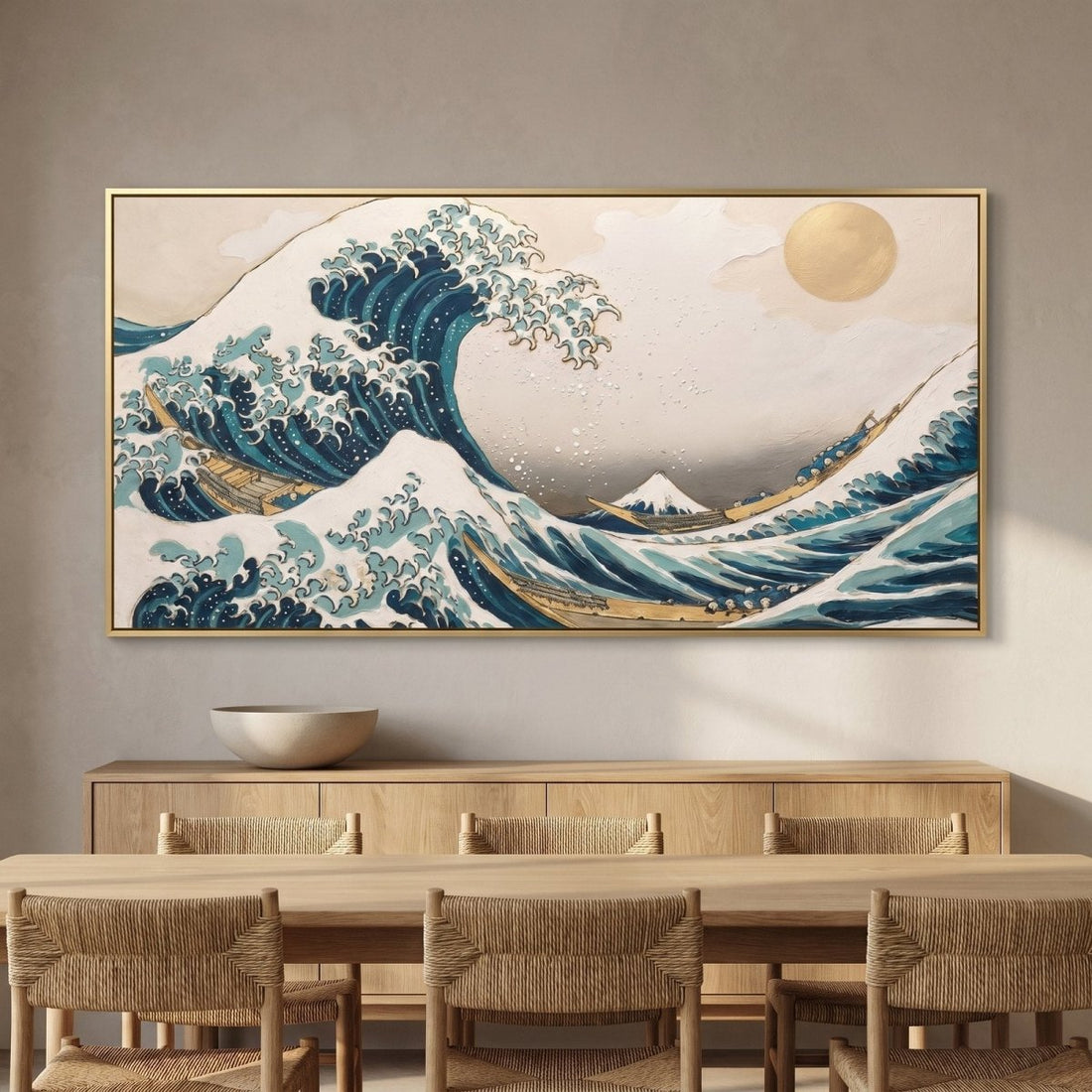 Gilded Great Wave Wall Art – Oversized Teal, Cream and Gold Panoramic Japanese Wave Textured Look Canvas for Living Room - Sense for Decor