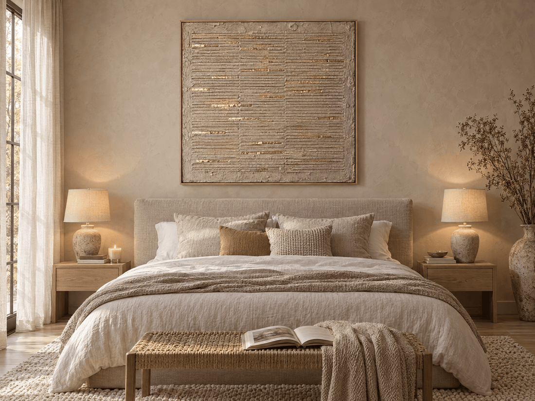Cream and gold ridged plaster canvas above an upholstered bed
