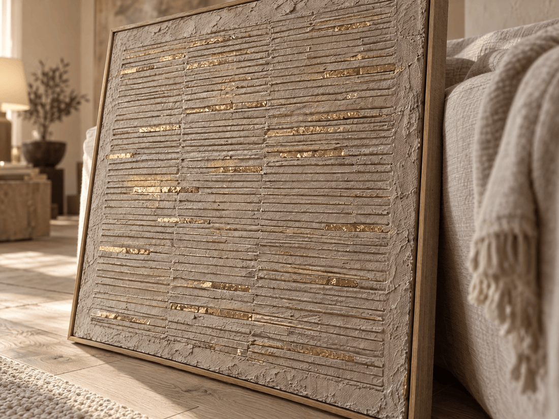 Close up of the combed plaster ridges with gold leaf pressed into the grooves