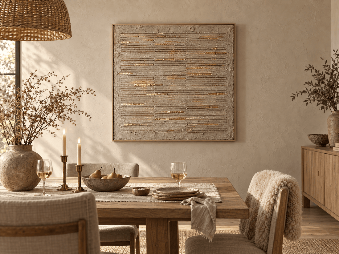 Ridged cream plaster canvas above an oak dining table in a sunlit room