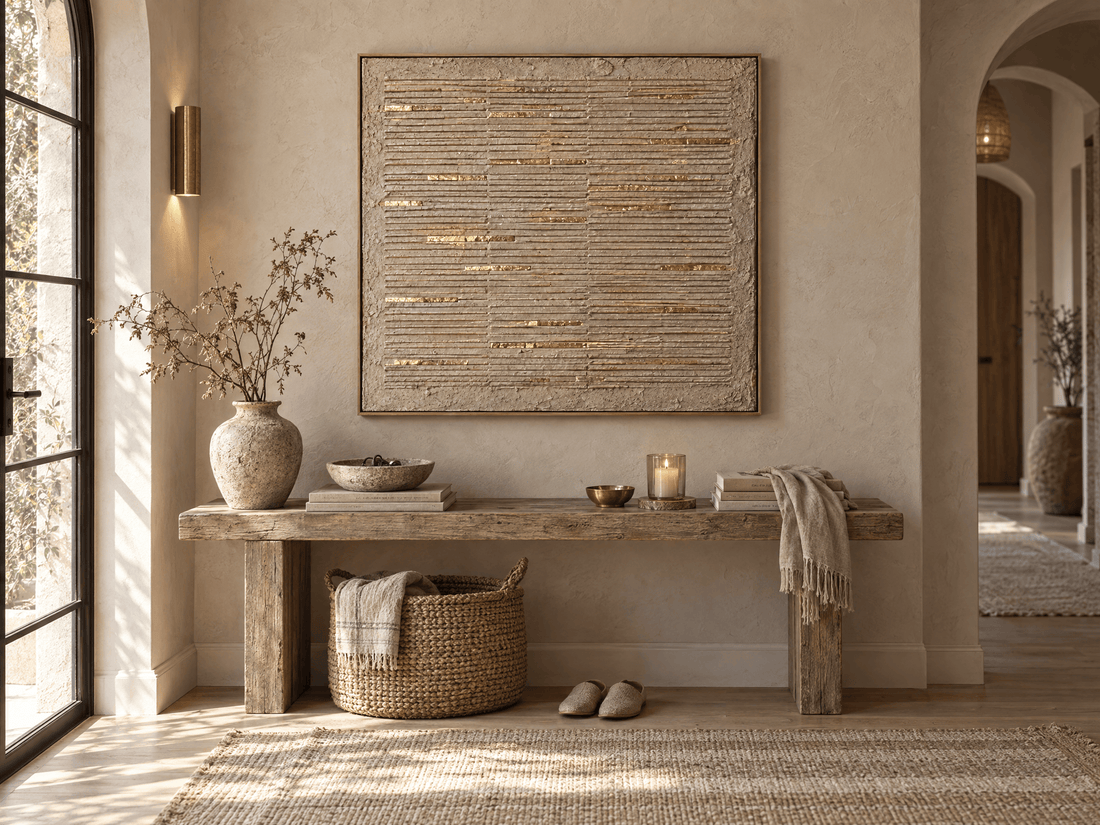 Cream and gold textured canvas above a rustic bench in a bright entryway